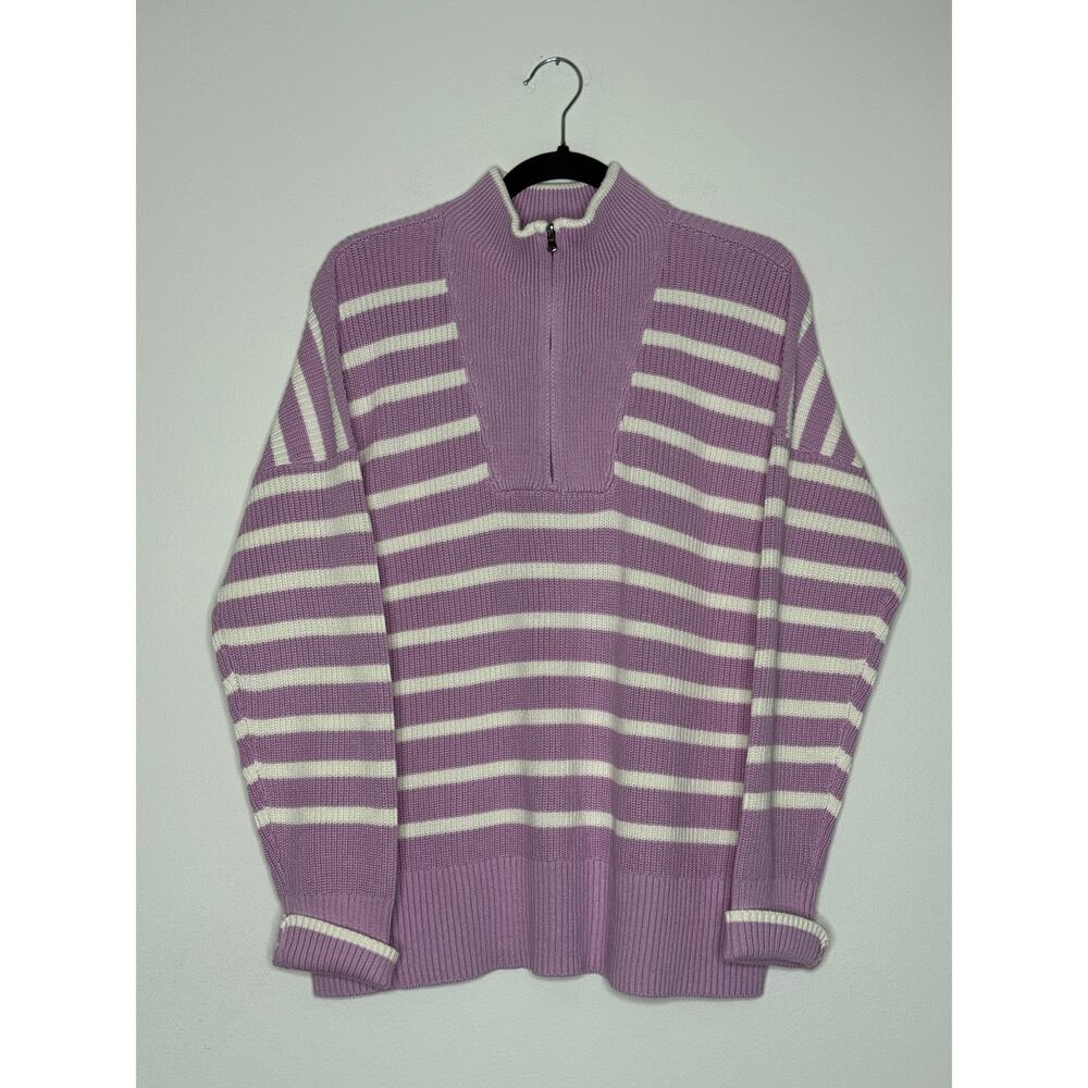NEW Land’s End Lilac Stripe 3/4 Zip Cotton Sweater | Coastal Preppy - Picture 2 of 5